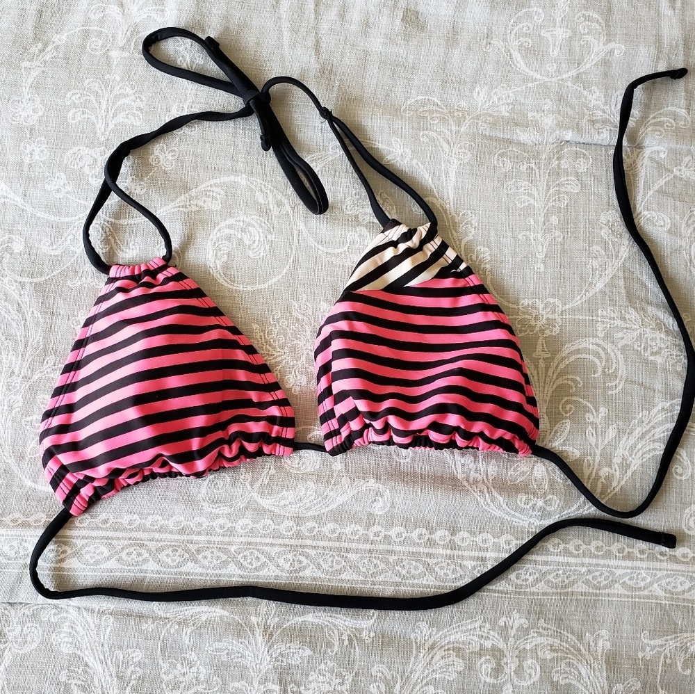 Black and coral striped bikini top